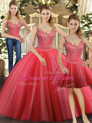 Coral Red Three Pieces Beading Vestidos de Quinceanera Lace Up Tulle Sleeveless Floor Length