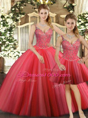 Coral Red Three Pieces Beading Vestidos de Quinceanera Lace Up Tulle Sleeveless Floor Length