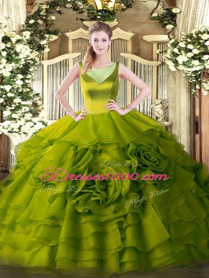 Fabulous Sleeveless Floor Length Beading and Ruffled Layers Side Zipper Quince Ball Gowns with Olive Green