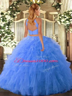 Lovely Hot Pink Tulle Backless Halter Top Sleeveless Floor Length Quinceanera Dresses Beading and Ruffles