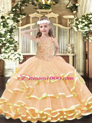 Peach Sleeveless Organza Lace Up Little Girl Pageant Gowns for Party and Quinceanera