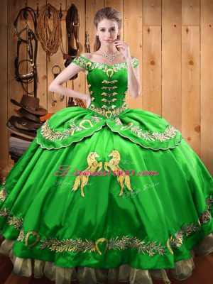 Spectacular Floor Length Green 15 Quinceanera Dress Off The Shoulder Sleeveless Lace Up