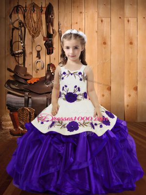 Purple Organza Lace Up Straps Sleeveless Floor Length Pageant Gowns Embroidery and Ruffles