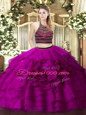 Elegant Tulle Halter Top Sleeveless Zipper Beading and Ruffled Layers Quinceanera Gown in Fuchsia