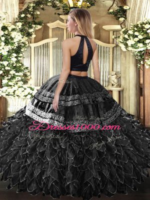 Dark Green Ball Gowns Satin and Organza Halter Top Sleeveless Beading and Embroidery and Ruffles Floor Length Backless Ball Gown Prom Dress