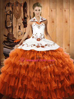 Great Floor Length Lace Up Quinceanera Dresses Rust Red for Military Ball and Sweet 16 and Quinceanera with Embroidery and Ruffled Layers