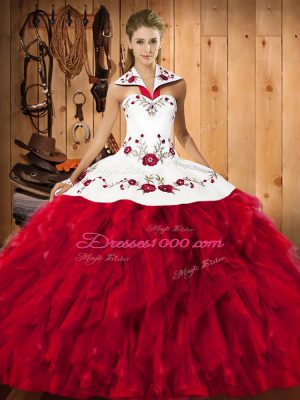 Red Ball Gowns Embroidery and Ruffles Quinceanera Gowns Lace Up Satin and Organza Sleeveless Floor Length