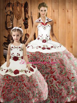 Free and Easy Multi-color Halter Top Lace Up Embroidery Sweet 16 Dress Sleeveless