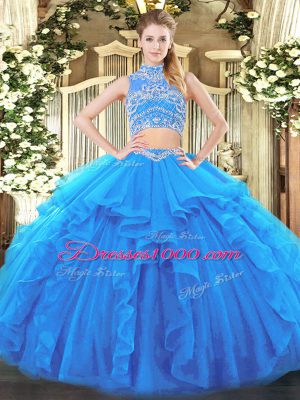 Popular Baby Blue Sleeveless Floor Length Beading and Ruffles Backless Quinceanera Gowns