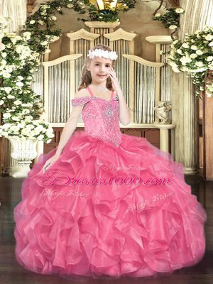 Sweet Hot Pink Ball Gowns Beading and Ruffles Little Girl Pageant Gowns Lace Up Organza Sleeveless Floor Length