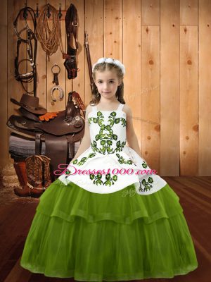 Olive Green Ball Gowns Straps Sleeveless Tulle Floor Length Lace Up Embroidery Party Dress for Toddlers
