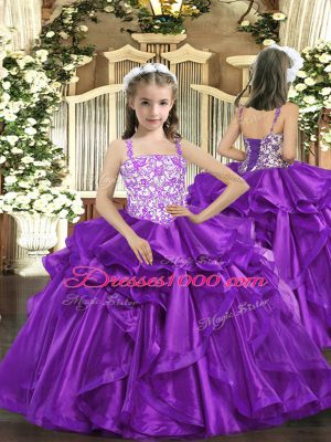 Straps Sleeveless Lace Up Little Girl Pageant Gowns Eggplant Purple Organza