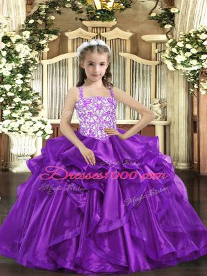 Straps Sleeveless Lace Up Little Girl Pageant Gowns Eggplant Purple Organza