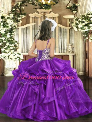 Straps Sleeveless Lace Up Little Girl Pageant Gowns Eggplant Purple Organza