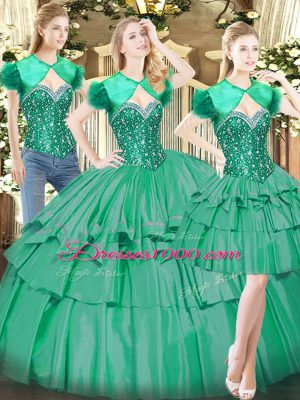 Floor Length Lace Up 15 Quinceanera Dress Turquoise for Military Ball and Sweet 16 and Quinceanera with Beading and Ruffled Layers