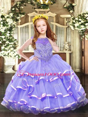 Lavender Scoop Neckline Beading and Ruffled Layers Custom Made Pageant Dress Sleeveless Zipper