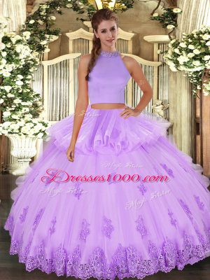 Affordable Halter Top Sleeveless Backless Sweet 16 Dress Lavender Tulle