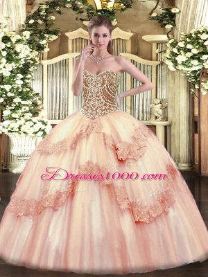 Graceful Floor Length Lace Up 15 Quinceanera Dress Baby Pink for Military Ball and Sweet 16 and Quinceanera with Beading and Appliques