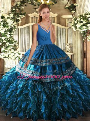Fashion Ball Gowns Quinceanera Dresses Blue V-neck Satin and Organza Sleeveless Floor Length Backless