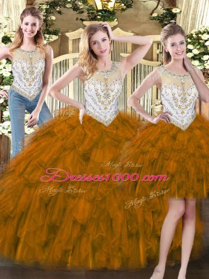 Gorgeous Floor Length Brown 15 Quinceanera Dress Organza Sleeveless Beading and Ruffles