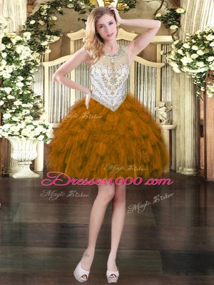 Gorgeous Floor Length Brown 15 Quinceanera Dress Organza Sleeveless Beading and Ruffles