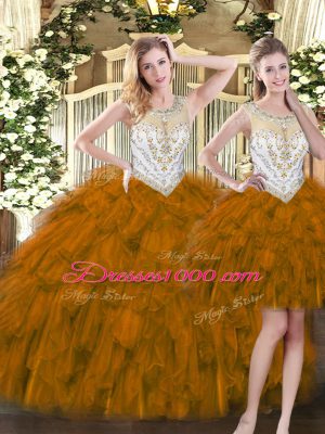 Gorgeous Floor Length Brown 15 Quinceanera Dress Organza Sleeveless Beading and Ruffles