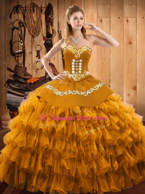 Best Sleeveless Floor Length Embroidery and Ruffled Layers Lace Up Quinceanera Dress with Gold