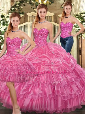 Rose Pink Ball Gowns Organza Sweetheart Sleeveless Beading and Ruffles Floor Length Lace Up Quinceanera Dresses