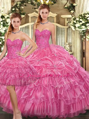 Rose Pink Ball Gowns Organza Sweetheart Sleeveless Beading and Ruffles Floor Length Lace Up Quinceanera Dresses