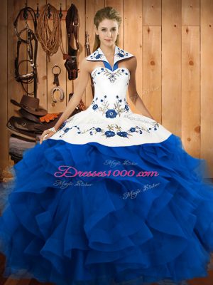 Glittering Tulle Sleeveless Floor Length Sweet 16 Dress and Embroidery and Ruffles