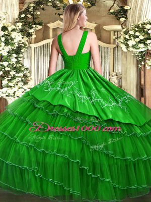 V-neck Sleeveless Satin and Organza Vestidos de Quinceanera Embroidery and Ruffled Layers Zipper