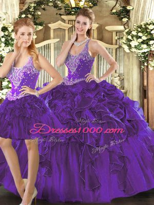 Sweet Purple Sleeveless Tulle Lace Up Quinceanera Dresses for Military Ball and Sweet 16 and Quinceanera