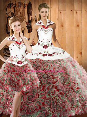 Beauteous Fabric With Rolling Flowers Sleeveless Quinceanera Dress Sweep Train and Embroidery