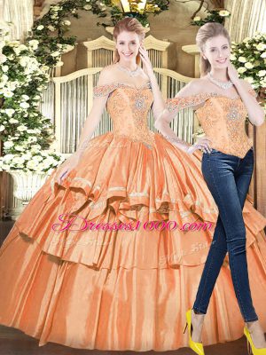 Deluxe Off The Shoulder Sleeveless 15th Birthday Dress Floor Length Beading and Ruffled Layers Orange Red Organza