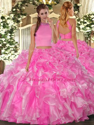 Modern Rose Pink Halter Top Backless Beading and Ruffles 15th Birthday Dress Sleeveless