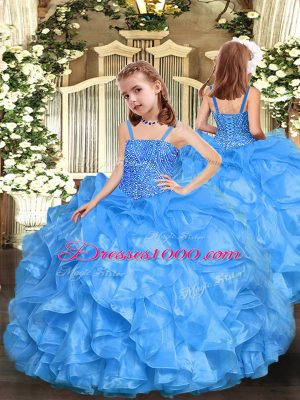 Cute Baby Blue Zipper Pageant Dress Womens Beading and Ruffles Sleeveless Floor Length