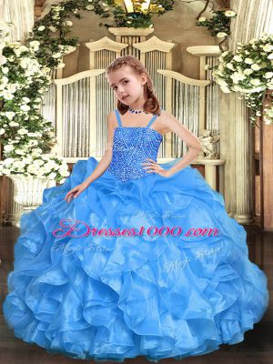 Cute Baby Blue Zipper Pageant Dress Womens Beading and Ruffles Sleeveless Floor Length