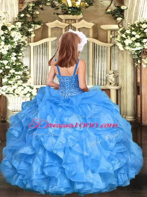 Cute Baby Blue Zipper Pageant Dress Womens Beading and Ruffles Sleeveless Floor Length