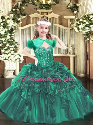 Classical Organza Straps Sleeveless Lace Up Beading and Ruffles Party Dresses in Dark Green