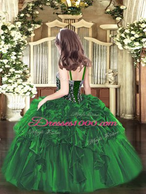 Classical Organza Straps Sleeveless Lace Up Beading and Ruffles Party Dresses in Dark Green