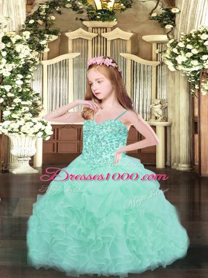 Apple Green High School Pageant Dress Party and Quinceanera with Beading and Ruffles and Pick Ups Spaghetti Straps Sleeveless Lace Up