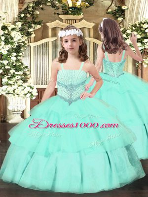 Apple Green Ball Gowns Beading and Ruffled Layers Pageant Dress Womens Lace Up Organza Sleeveless Floor Length