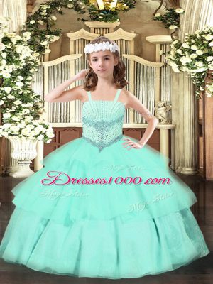 Apple Green Ball Gowns Beading and Ruffled Layers Pageant Dress Womens Lace Up Organza Sleeveless Floor Length