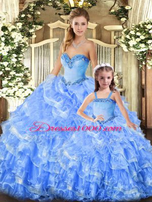 Fabulous Baby Blue Lace Up Sweetheart Beading and Ruffles Quinceanera Gown Organza Sleeveless