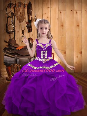 Luxurious Eggplant Purple Sleeveless Floor Length Embroidery and Ruffles Lace Up Little Girls Pageant Gowns