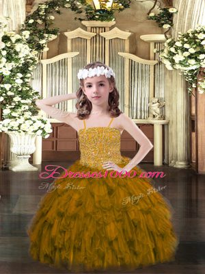 Organza Spaghetti Straps Sleeveless Lace Up Beading and Ruffles Pageant Dress for Girls in Brown