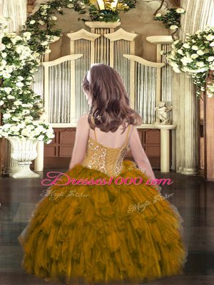 Organza Spaghetti Straps Sleeveless Lace Up Beading and Ruffles Pageant Dress for Girls in Brown