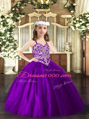 Dramatic Purple Ball Gowns Beading Pageant Dress for Teens Lace Up Tulle Sleeveless Floor Length