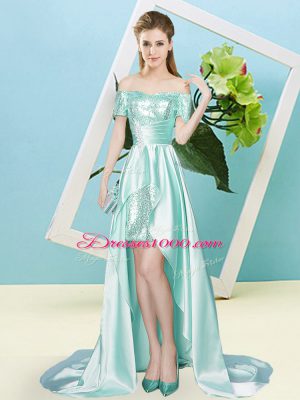 Exceptional Apple Green Short Sleeves High Low Sequins Lace Up Prom Gown