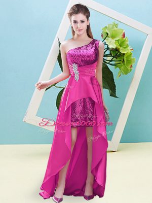 Fuchsia Lace Up One Shoulder Beading and Sequins Prom Dresses Elastic Woven Satin and Sequined Sleeveless